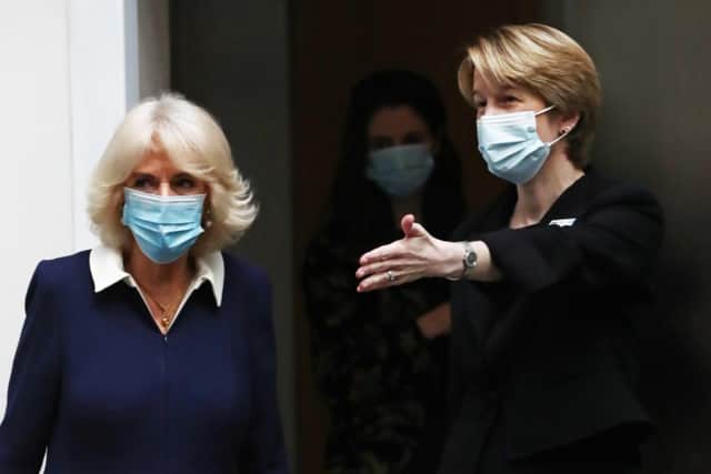 Camilla, Duchess of Cornwall alongside Amanda Pritchard, who has been appointed as Chief Executive Officer of NHS England, during a royal visit to meet NHS and MOD staff involved in the vaccine rollout in March. Image by Getty.