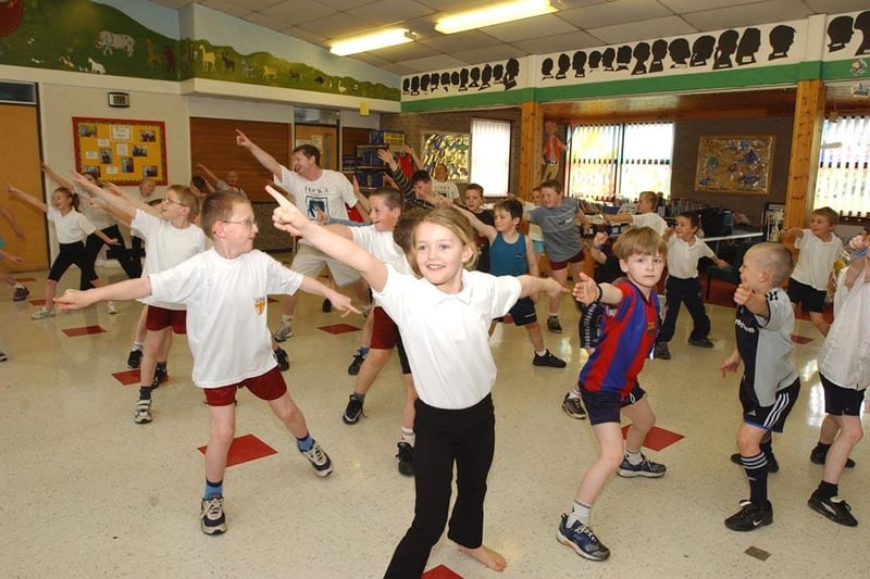 Sponsored aerobics at Red Row First School in aid of Lapra, the UK charity fighting leprosy in Bangladesh, India and Zimbabwe, in March 2003.