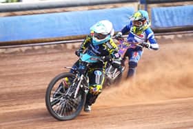 Berwick Bullets' Jamie Halder leads Elliot Kelly of Workington Comets. Picture: Dave Payne