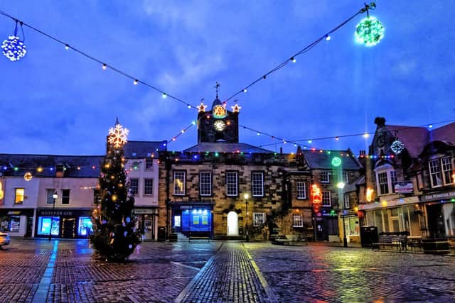 Christmas lights at Alnwick Market Square.
