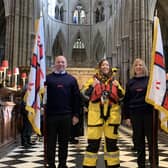 Paul Whittle (left) and Sarah Fraser (right) from Blyth RNLI at Westminster Abbey. (Photo by RNLI/Robin Palmer)