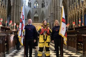 Paul Whittle (left) and Sarah Fraser (right) from Blyth RNLI at Westminster Abbey. (Photo by RNLI/Robin Palmer)