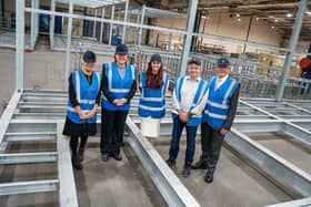 Marion Dickson (left) pictured with Merit chair Kirsty Wells, Anne-Marie Trevelyan MP, Tony Wells, and Ian Levy MP, inside Merit's Cramlington factory