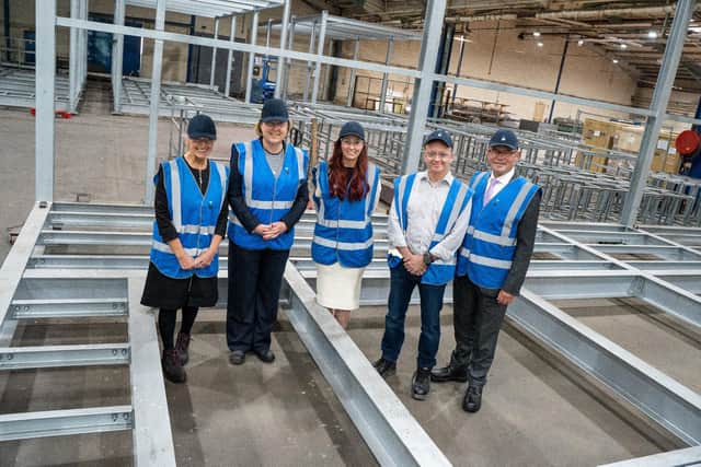 Marion Dickson (left) pictured with Merit chair Kirsty Wells, Anne-Marie Trevelyan MP, Tony Wells, and Ian Levy MP, inside Merit's Cramlington factory
