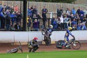 Leon Flint is distraught as Josh Pickering and Craig Cook celebrate in front of the Monarchs fans. Picture: Keith Hamblin