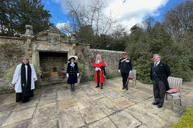 Reverend Fiona Sample; High Sheriff of Northumberland Joanna Riddell, The Honorary Recorder of Newcastle upon Tyne; His Honour Judge Paul Sloan QC; outgoing High Sheriff Tom Fairfax; incoming Under Sheriff Harry Chrisp.