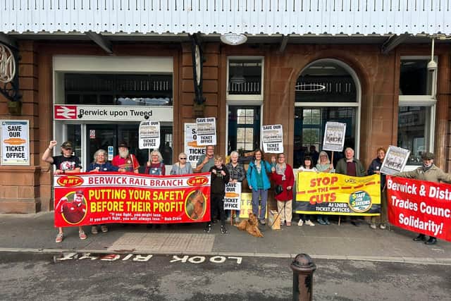 Campaigners protest plans to close the ticket office at Berwick Railway Station.