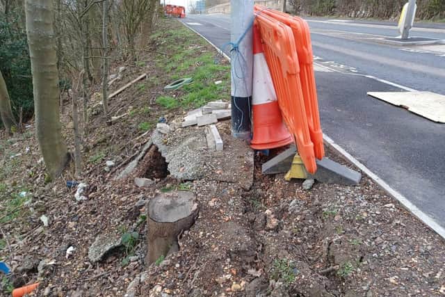 Cllr Swinburn is unhappy with the mess contractors have left on verges on Station Road and in the surrounding area. (Photo by Mark Swinburn)