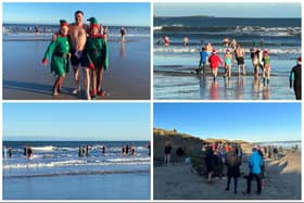 Many people gathered at the beach in Seahouses to take the plunge into the North Sea.
