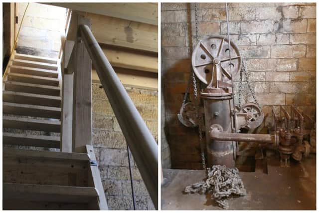 The restoration of the stairs and floor (left) allowed machinery, such as the hoist (right), to be examined, revealing the building's true age.