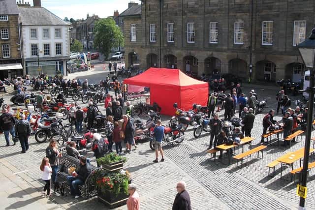 Vintage motorbikes in Alnwick Market Place.