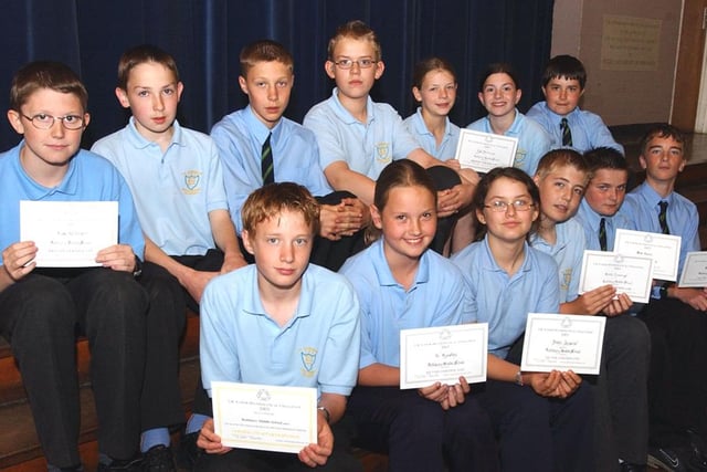 Maths certificates for this clever bunch at Dr Thomlinson Middle School, Rothbury, in July 2003.