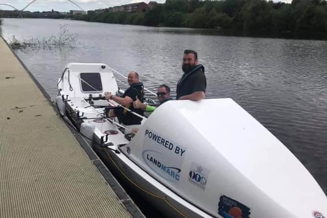 The boat Team Emotive, including Stephen Lees, will be using to row across the Atlantic.