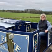 Jane with converted canal boat Miss Ellie, where Robson Green stayed during the programme.