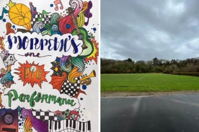 The Morpeth’s One Big Performance logo designed by a student at Newminster Middle School and the Newminster field where the event will take place in a large marquee.