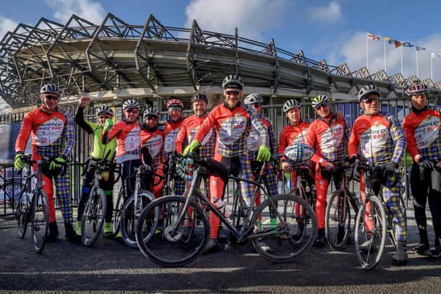 The 'Wounded Lions' at the end of their cycle challenge at Murrayfield, Edinburgh.