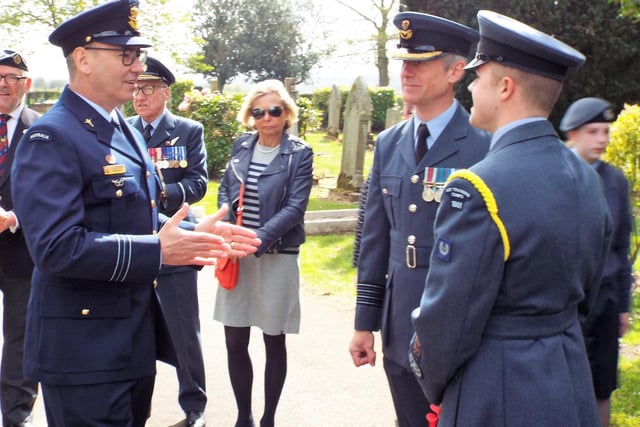 Squadron Leader Bernard Higgins chats to RAF Boulmer Station commander Group Captain David Keighley.
