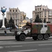 A military cargo truck in central Kyiv at the start of the invasion.