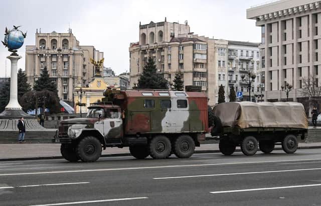 A military cargo truck in central Kyiv at the start of the invasion.