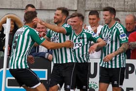 Goial celebrations for Blyth Spartans against Alfreton Town. Picture by Bill Broadley.