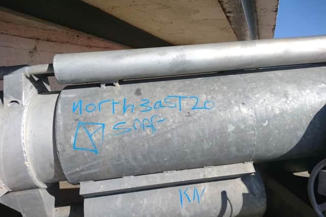 Blyth Battery has been vandalised again, with this and other more obscene graffiti plastered in multiple locations, mere weeks after a previous incident. (Photo by Blyth Battery volunteers)
