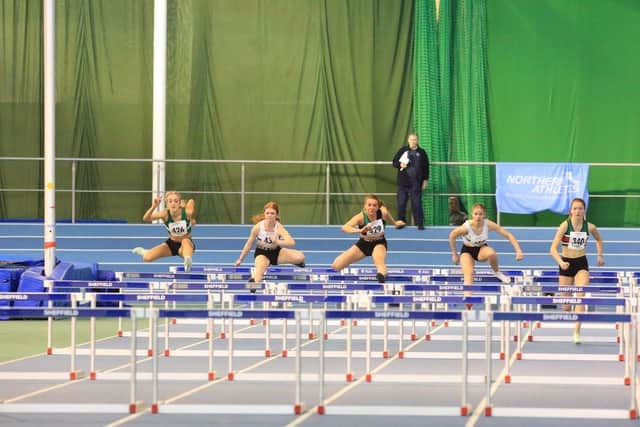 Blyth Running Club's Sadie Parker (far left) competing in the hurdles.