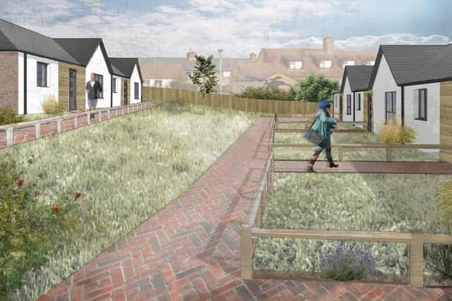 Artist impression image for the proposal to build five bungalows on a Northumberland County Council garage site accessed off Mouldshaugh Lane in Felton.
