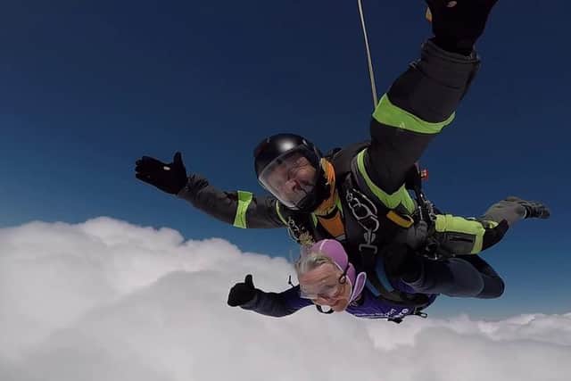 Joan Ford, 73, from Longhoughton, on her 15,000 ft skydive.