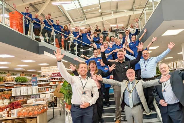 Mayor Geoff Watson with staff from The Range at the new store in Alnwick. Picture: Alnwick Town Council