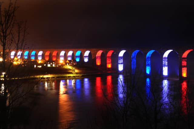 Lights of the Royal Border Bridge changed to red, white and blue, the colours of the French Tricolore, when they worked better than they do now.