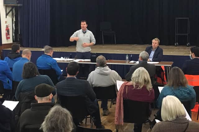 Guy Opperman MP speaks during one of his public meetings in relation to Storm Arwen.