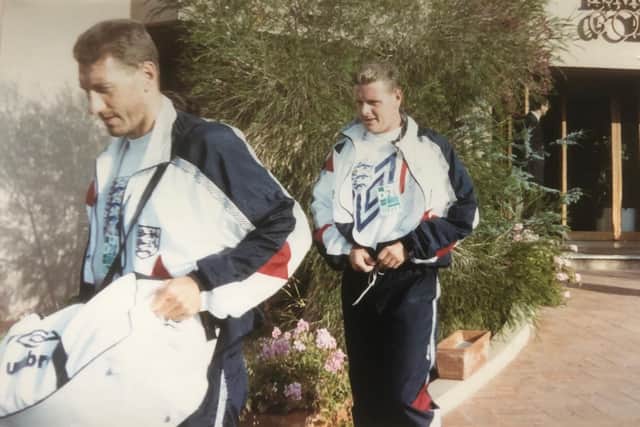Terry Butcher and Paul Gascoigne leaving the ‘England’ hotel in Sardinia.