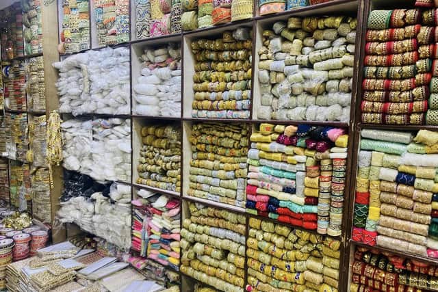 A selection of fabrics in one of the shops that Natasha Sligo visited during her trip to India.