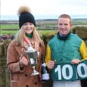 Nick Orpwood celebrates his 100th winner on Dream Over in the opening Alnwick Hunt Members’ Race.