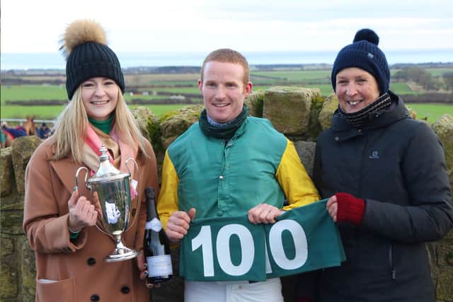Nick Orpwood celebrates his 100th winner on Dream Over in the opening Alnwick Hunt Members’ Race.