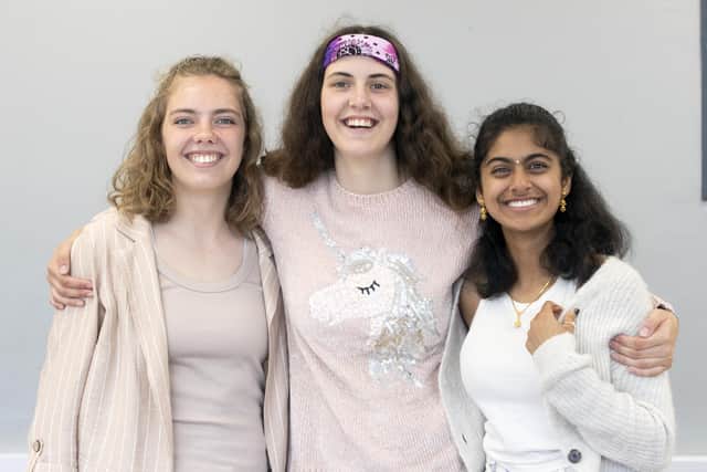 Cramlington Learning Village friends (from left) Zoe Scott, Elanor Gormley, and Shreya Sharma were delighted with their results. (Photo by Steve Brock)