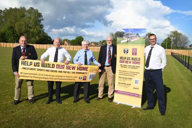 The launch of the crowdfunding campaign earlier this year. Left to right, John Chappell, chairman of Ponteland Rugby Club; Paul Brooks, chairman of Ponteland United FC; Alan Birkinshaw, secretary of Ponteland United FC; David Comeskey, president of Ponteland Rugby Club and Paul Ely, Ponteland United FC committee member and architect. 
Picture: Barry Pells.