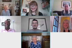 Royal Voluntary Service volunteer Sue Cadwallader, top right, on a video call with The Queen and Duchess of Cornwall. Picture: Buckingham Palace