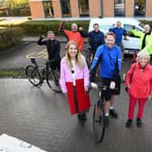 The cyclists with Chelsea Clark, Graeme Telford and Lady Elsie at Northumbrian Water’s Leat House, Washington