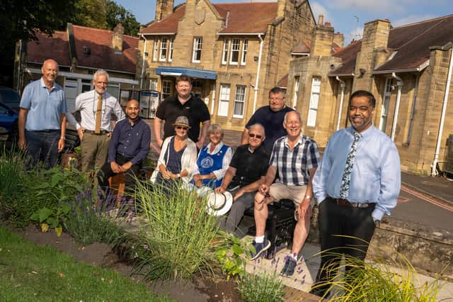 A new sensory garden has been created in Alnwick. Pictured: Carlo Biagioni, Alnwick Garden Town Trust (AGTT), Cllr Trevor Thorne, Mohamed Abdul Quiyum from Sherkhan of Alnwick,Philip Allan, Jewson Alnwick branch manager, Cllr Linda Wood Mitchell,  Anne Harper, League of Friends of the Alnwick hospital, Alf Cunliffe of Loving Alnwick, Mick Thorburn ofThorburn Brothers Construction, David Taylor of AGTT and Salam Abdul of main sponsor Sherkhan of Alnwick. Photo by Jane Coltman