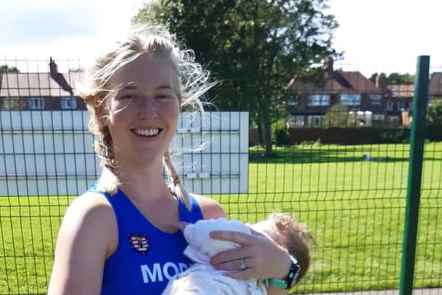 Tayla Douglass took part in four events for Morpeth Harriers and shared childcare responsibilities with her husband, Alistair, a fellow club member. Picture: Peter Scaife.