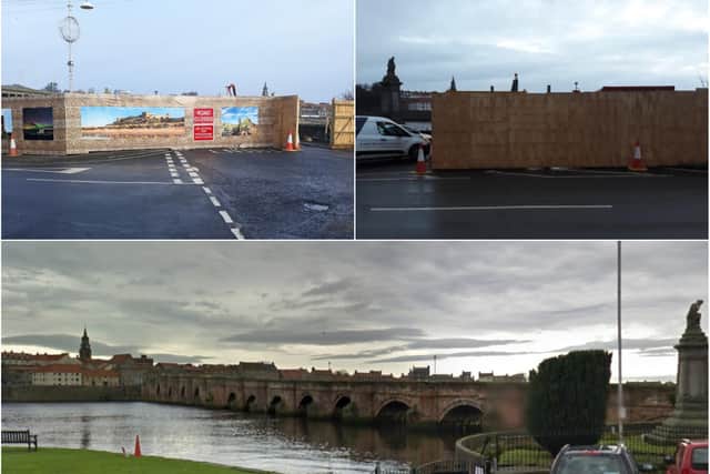 Pictures of Northumberland landmarks have been put on hoardings in place during works on Berwick's Old Bridge.
