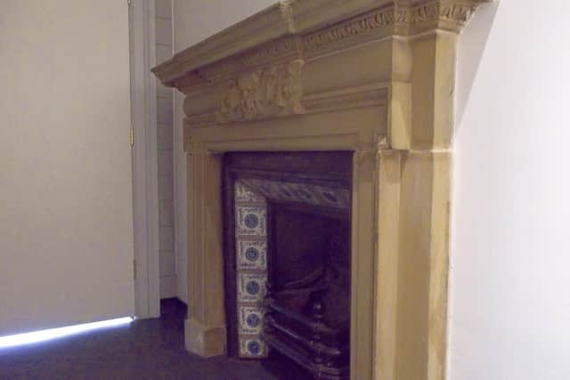 Fireplace in Morpeth Town Hall, 1870 – note the Rumford-style tiled frame.
