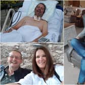 Neil Mutch pictured three months post accident (top left) and with his wife Sharon (bottom left)
