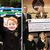 A group of Morpeth All Saints CofE First School pupils enjoying an activity and the cheque presentation to Coun Byard.