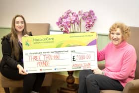 Cllr Sue Allcroft, right, presents a cheque to HospiceCare North Northumberland. Picture: Jane Coltman