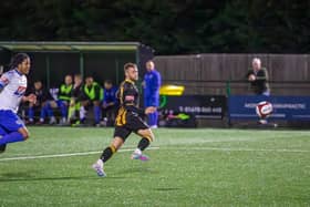Sam Hodgson almost scored a late equaliser for Morpeth Town in their 4-3 defeat away at Atherton Collieries. Picture by Michael Briggs.