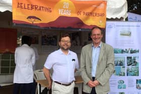 Professor Richard Walker, right, with surgeon Liam Horgan celebrating the 20-year anniversary of Northumbria’s link with Kilimanjaro Christian Medical Centre in Tanzania in 2019.