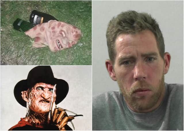 Burglar Shaun Dixon and left, the mask he used the night of his crime spree. Below left, Freddy Kreuger, who he was trying to disguise himself as.