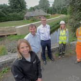 From left, Leila Huntington, Environment Agency, Guy Opperman MP,  Andy Judson BAM Client Account Director,  Lynsey Gray, Arup Project Manager,  BAM Site Agent Kevin Bulman and  Kirsty Harwood, Environment Agency Project Manager. Picture courtesy of North News and Pictures.